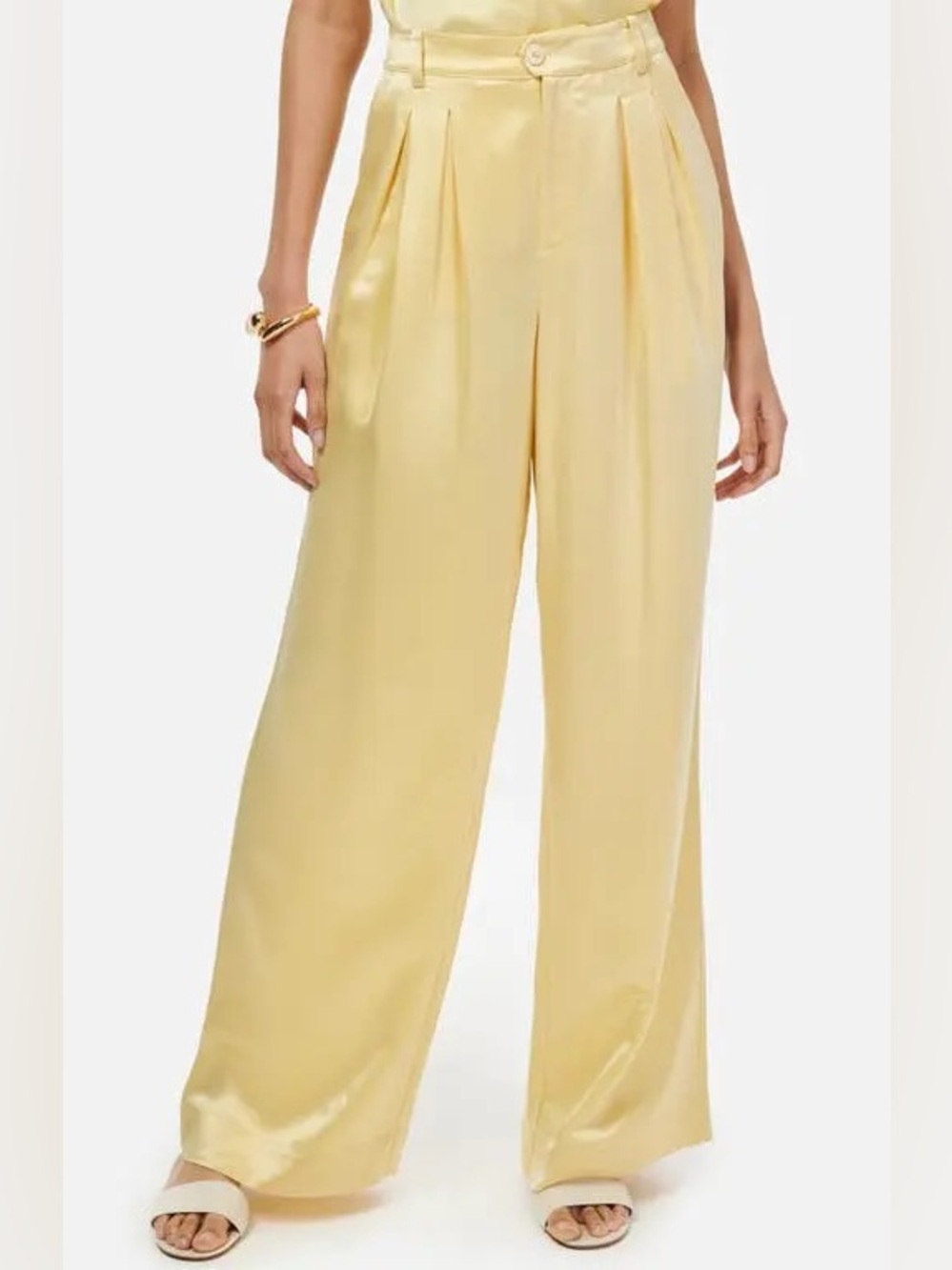 CAMI NYC Davina Sunlight Pale Yellow Wide Leg Satin Trousers Flowy & Silky Pants - Picture 3 of 16